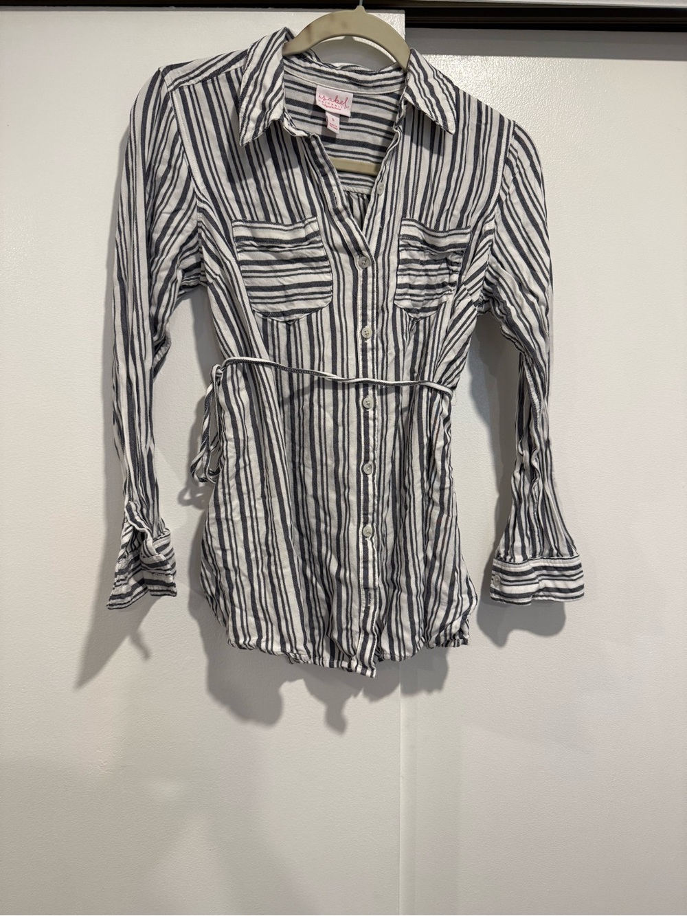 Maternity Striped Button-Down Shirt with Self Tie Waist - Black & White Small